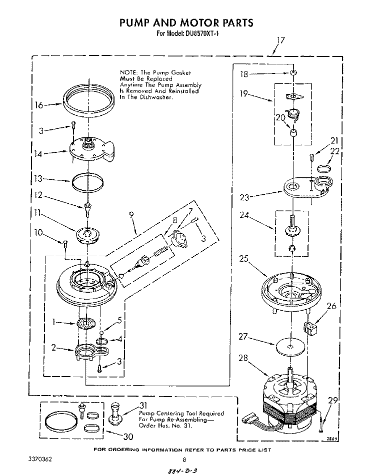 PUMP AND MOTOR Diagram and Parts List for DU8570XT1  Whirlpool Dishwasher