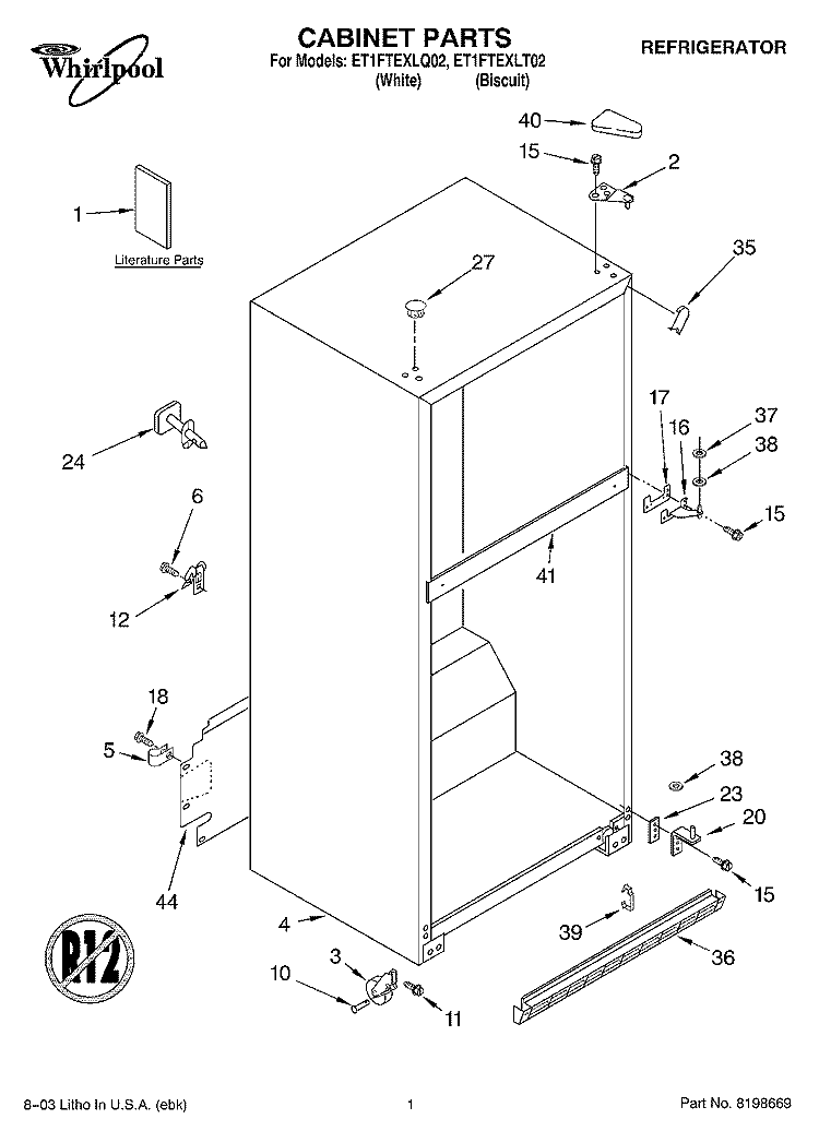 CABINET PARTS Diagram and Parts List for ET1FTEXLQ02  Whirlpool Refrigerator