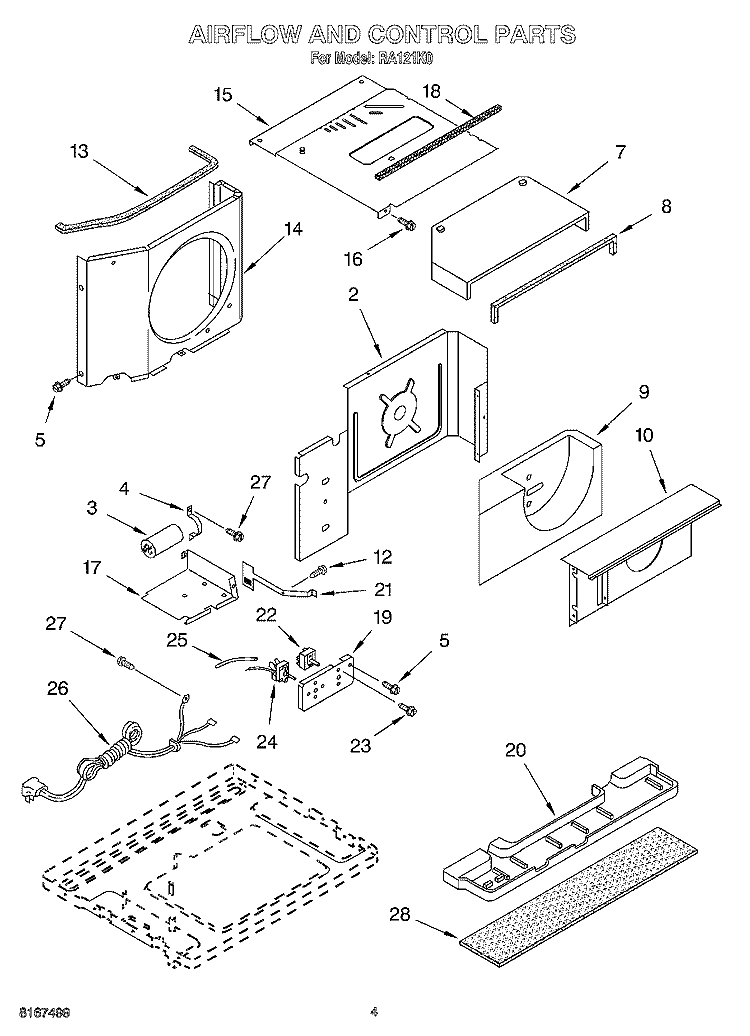 AIR FLOW AND CONTROL Diagram and Parts List for RA121K0  Whirlpool Air Conditioner
