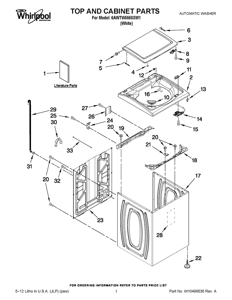 TOP AND CABINET PARTS Diagram and Parts List for 6AWTW5550XW1  Whirlpool Washer
