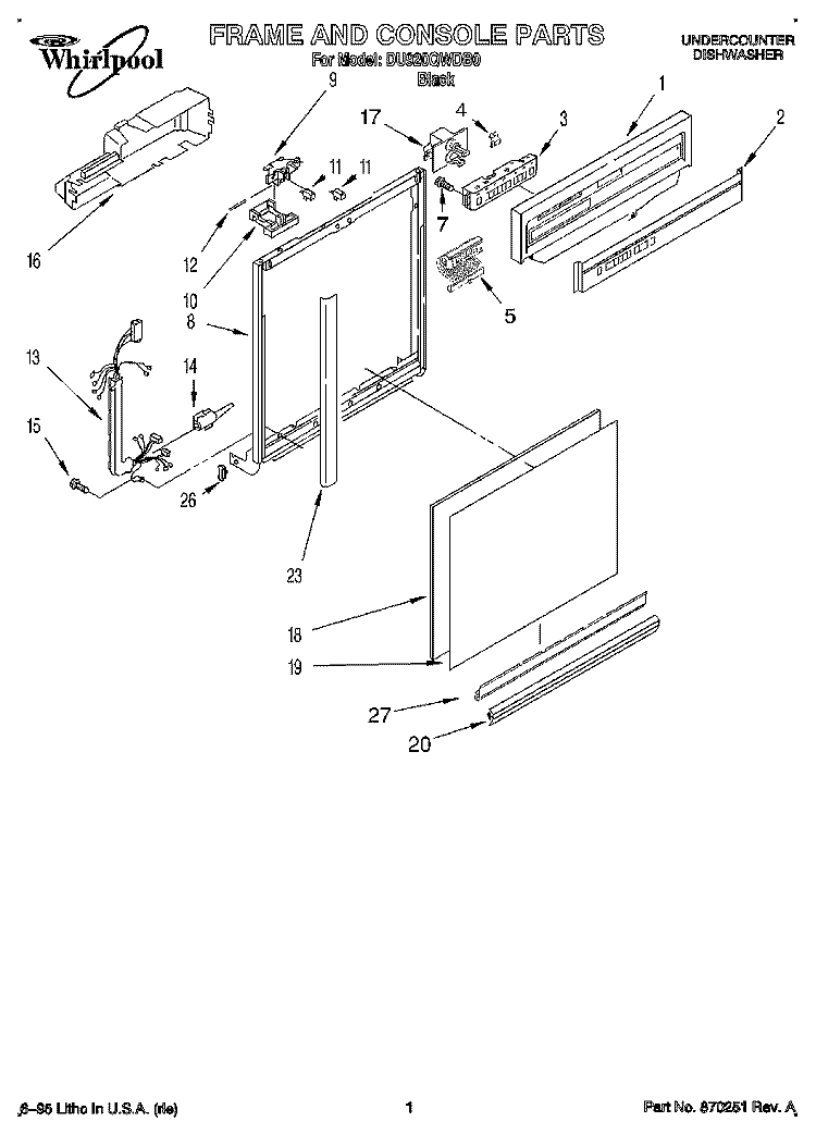 FRAME AND CONSOLE Diagram and Parts List for DU920QWDB0  Whirlpool Dishwasher