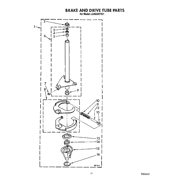 BRAKE AND DRIVE TUBE Diagram and Parts List for LA4800XTF1  Whirlpool Washer