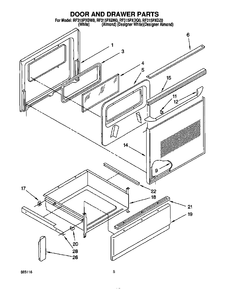 DOOR AND DRAWER Diagram and Parts List for RF315PXDW0  Whirlpool Range
