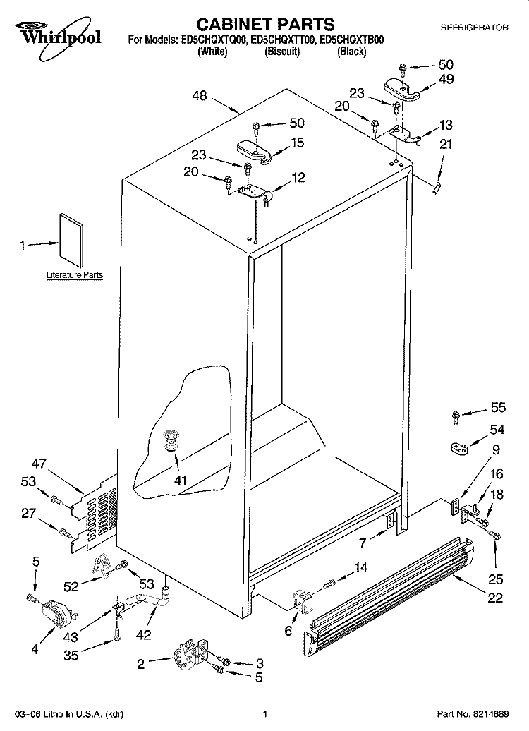 CABINET PARTS Diagram and Parts List for ED5CHQXTB00  Whirlpool Refrigerator