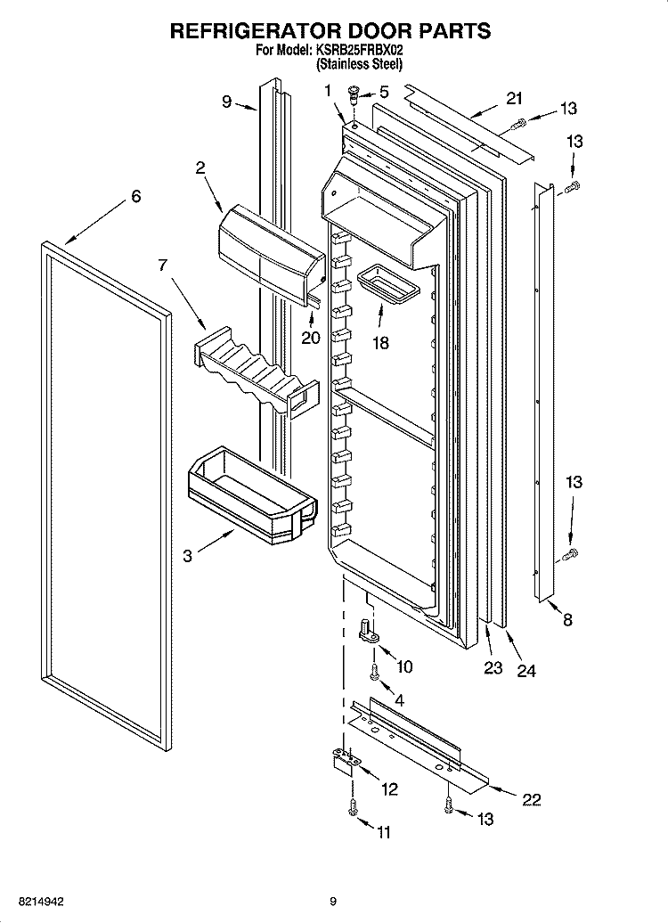 REFRIGERATOR DOOR PARTS Diagram and Parts List for KSRB25FRBX02  KitchenAid Refrigerator
