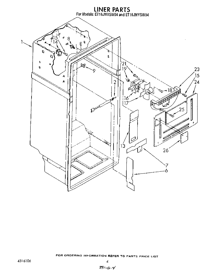 LINER Diagram and Parts List for ET16JMXSW04  Whirlpool Refrigerator