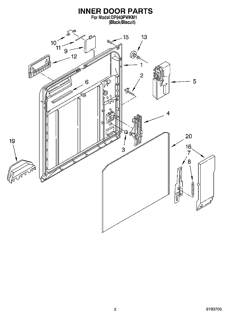 INNER DOOR Diagram and Parts List for DP940PWKM1  Whirlpool Dishwasher