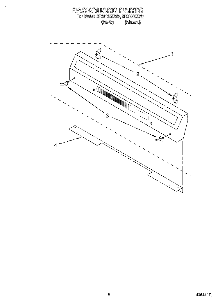 BACKGUARD Diagram and Parts List for SF3010EEW2  Whirlpool Range