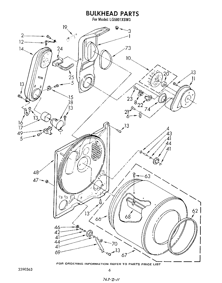 BULKHEAD Diagram and Parts List for LG5801XSW3  Whirlpool Dryer