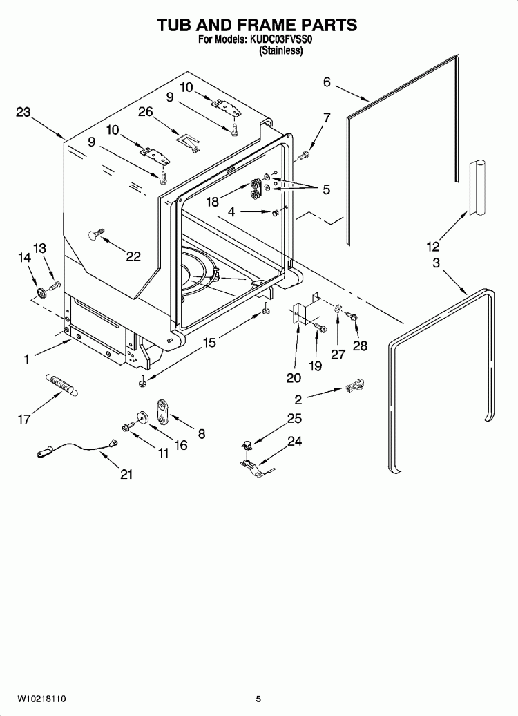 TUB AND FRAME PARTS Diagram and Parts List for KUDC03FVSS0  KitchenAid Dishwasher