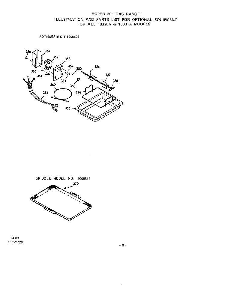 ROTISSERIE KIT Diagram and Parts List for 1333^1A  Whirlpool Range