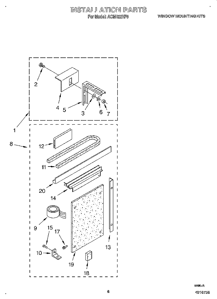 INSTALLATION Diagram and Parts List for ACM122XF0  Whirlpool Air Conditioner