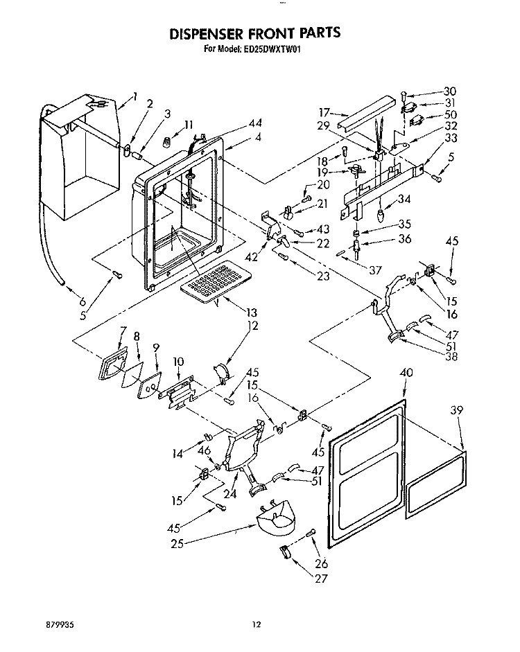 DISPENSER FRONT Diagram and Parts List for ED25DWXTM01  Whirlpool Refrigerator