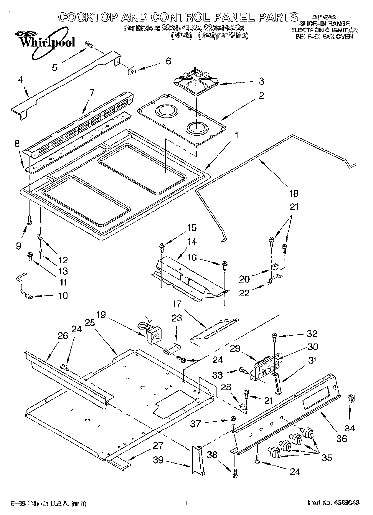 COOKTOP AND CONTROL PANEL Diagram and Parts List for SS385PEEQ2  Whirlpool Range