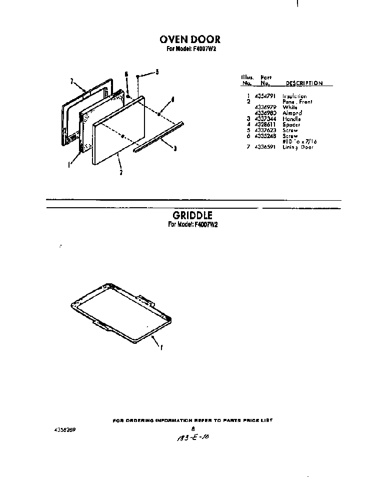 Oven Door Diagram and Parts List for F4007W2  Roper Range