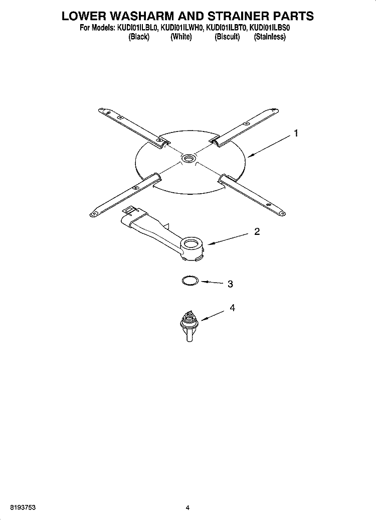 LOWER WASHARM AND STRAINER PARTS Diagram and Parts List for KUDI01ILBL0  KitchenAid Dishwasher