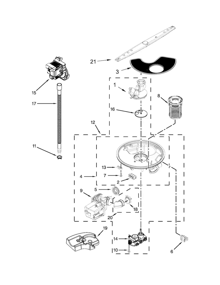 Pump, Washarm And Motor Parts Diagram and Parts List for WDT780SAEM0  Whirlpool Dishwasher