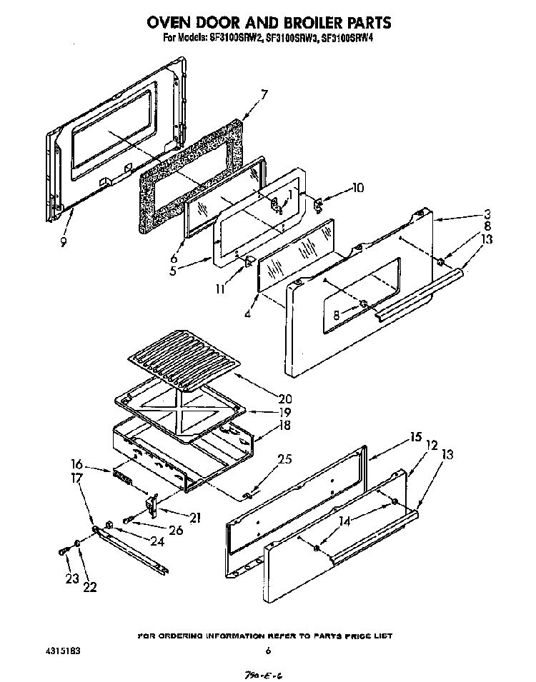 Oven Door And Broiler Diagram and Parts List for SF3100SRW3  Whirlpool Range