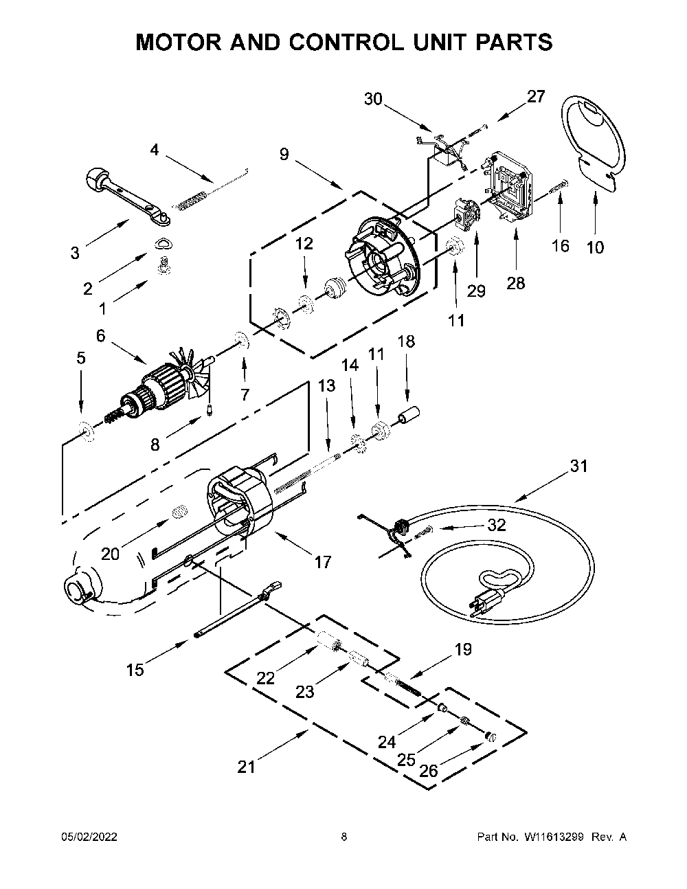 Motor And Control Unit Parts Diagram and Parts List for 5KSM180LECLB0  KitchenAid Mixer