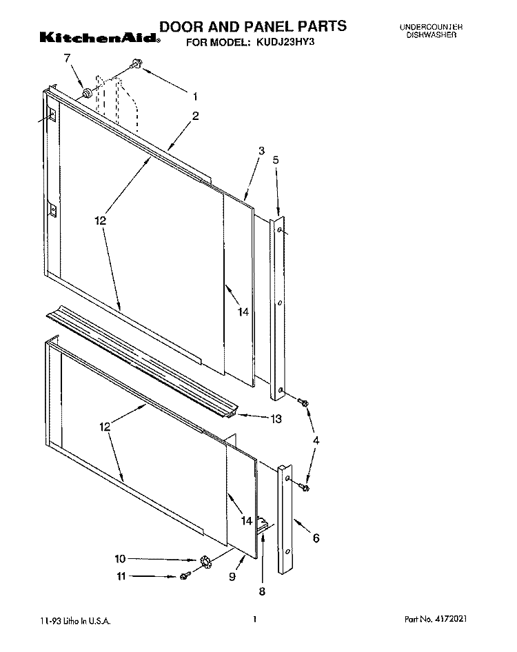 DOOR AND PANEL Diagram and Parts List for KUDJ23HY3  KitchenAid Dishwasher