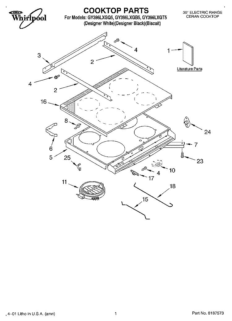 COOKTOP, LITERATURE Diagram and Parts List for GY396LXGB5  Whirlpool Range