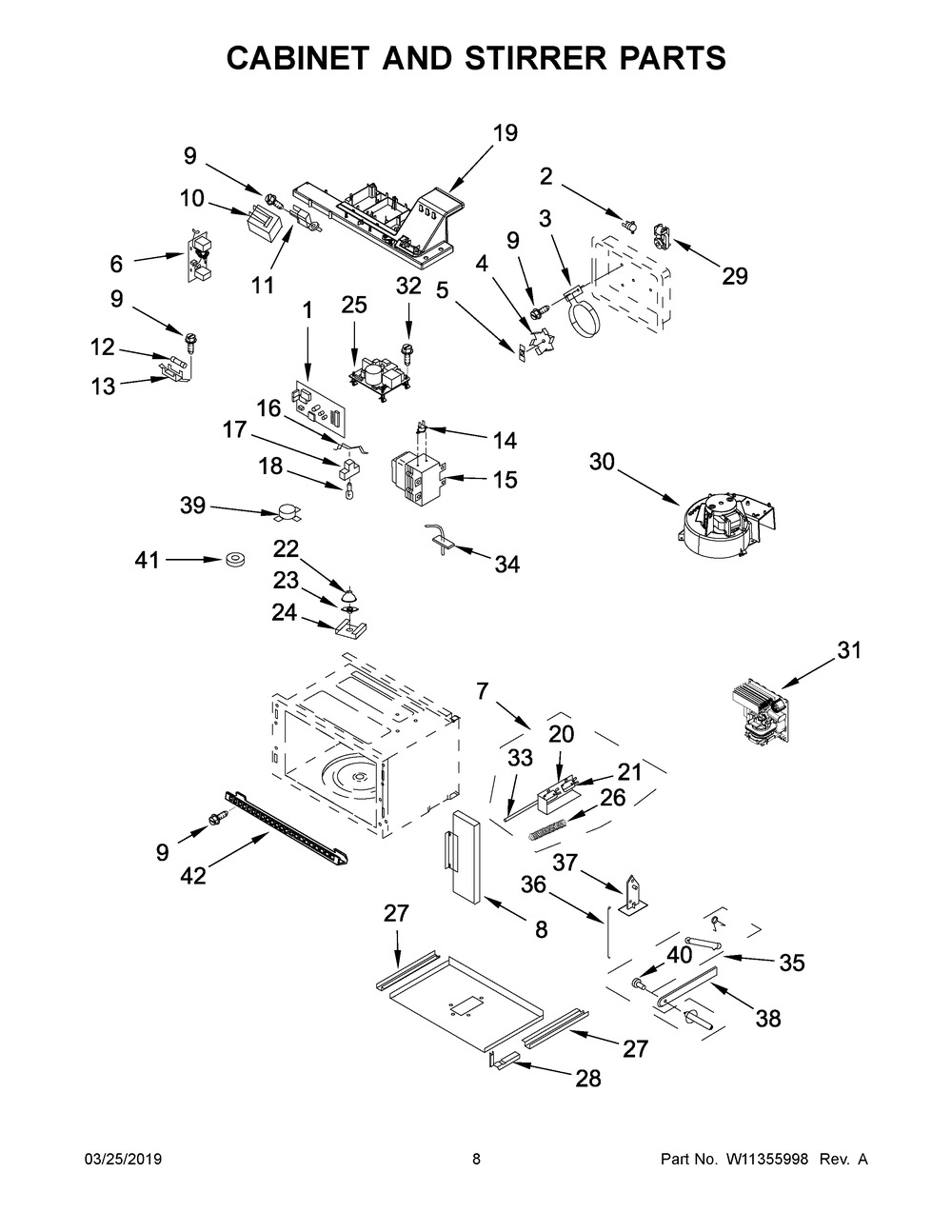 Cabinet And Stirrer Parts Diagram and Parts List for KMBP107ESS02  Whirlpool Microwave