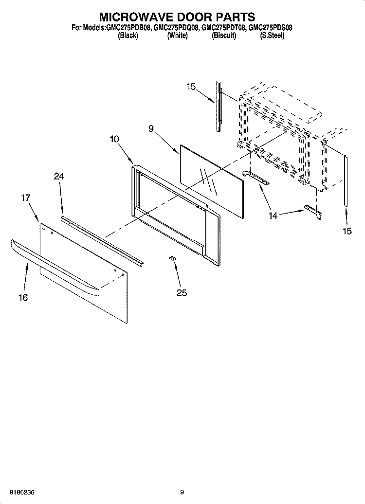 MICROWAVE DOOR PARTS Diagram and Parts List for GMC275PDS08  Whirlpool Microwave Oven Combo