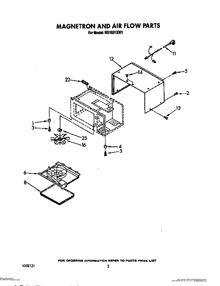 MAGNETRON AND AIR FLOW Diagram and Parts List for MS1651XW1  Whirlpool Microwave