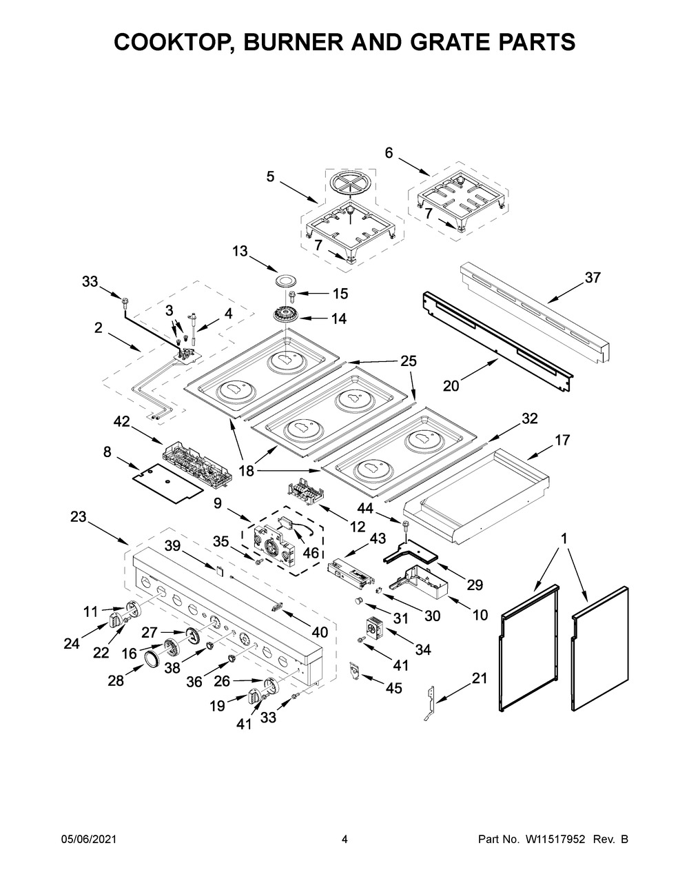 Cooktop, Burner And Grate Parts Diagram and Parts List for KFGC558JBK02  Whirlpool Range