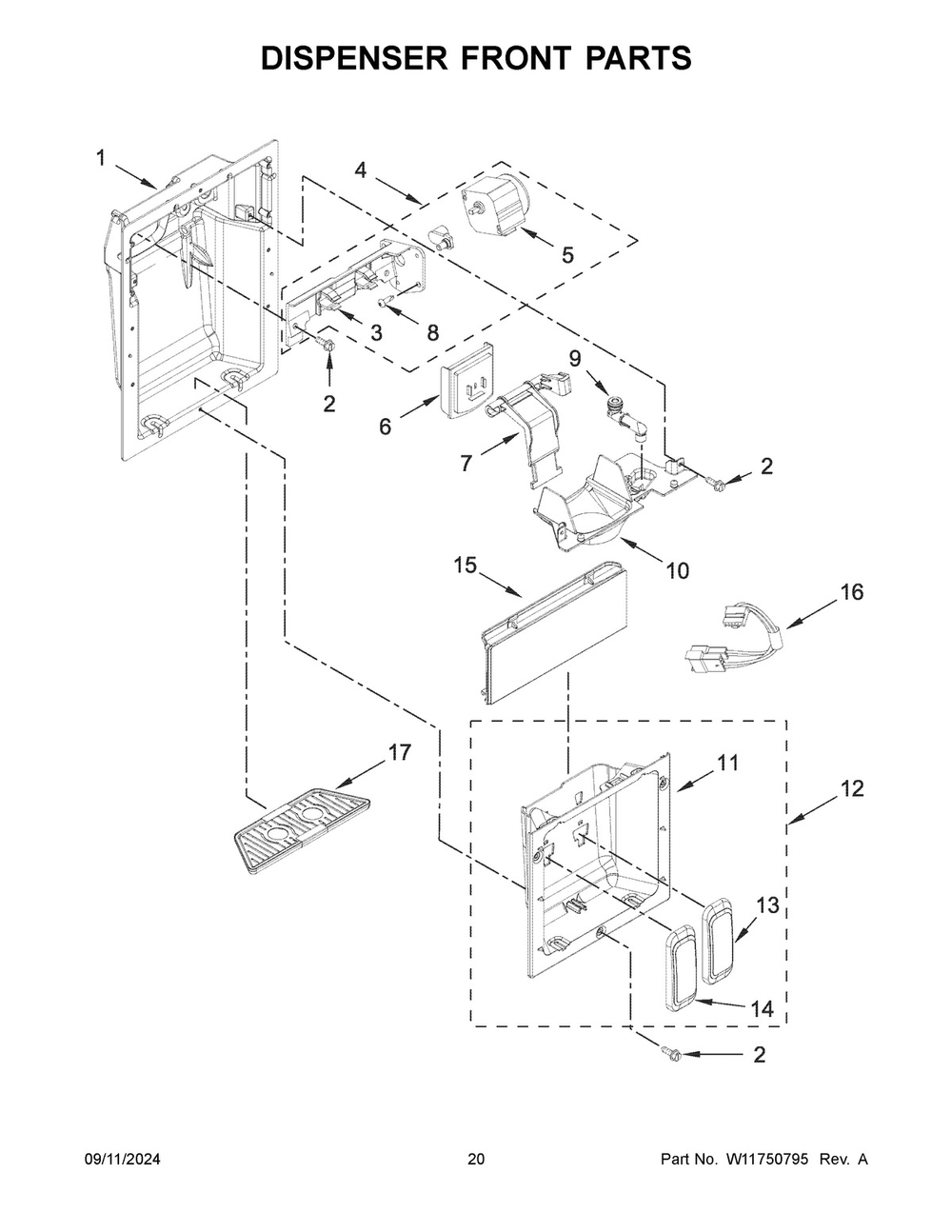 11 - Dispenser Front Parts Diagram and Parts List for JBSS42E22L01  Whirlpool Refrigerator