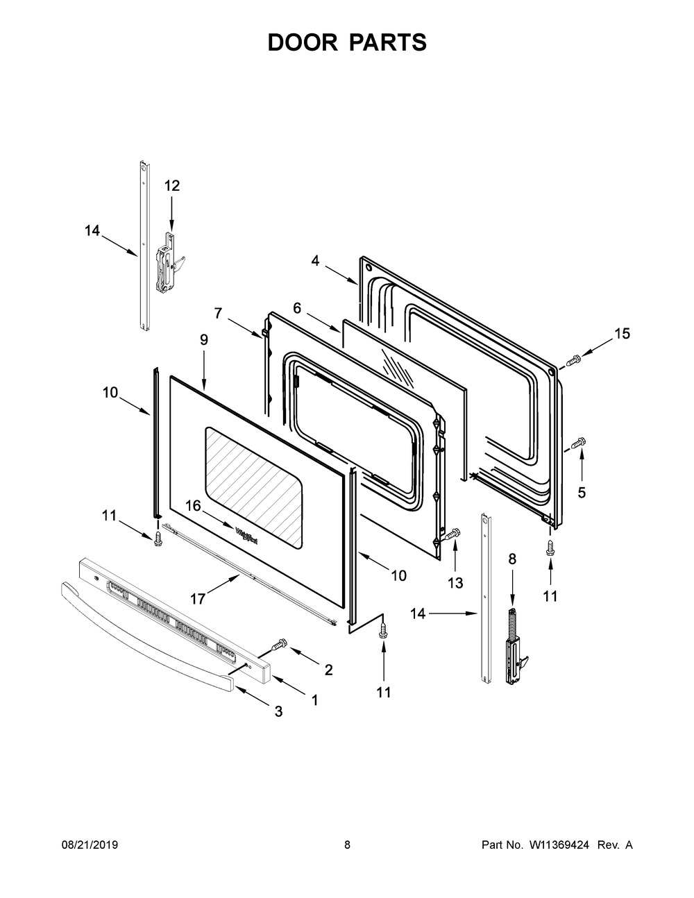 Door Parts Diagram and Parts List for WFE505W0JS0  Whirlpool Range