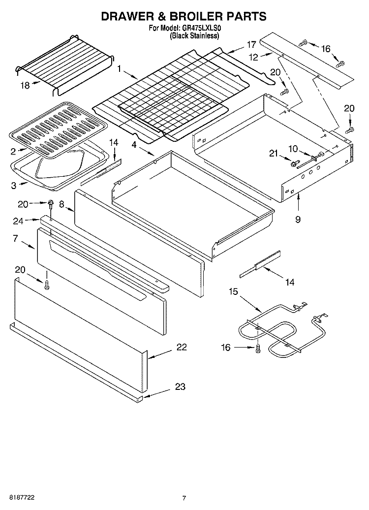 DRAWER AND BROILER Diagram and Parts List for GR475LXLS0  Whirlpool Range