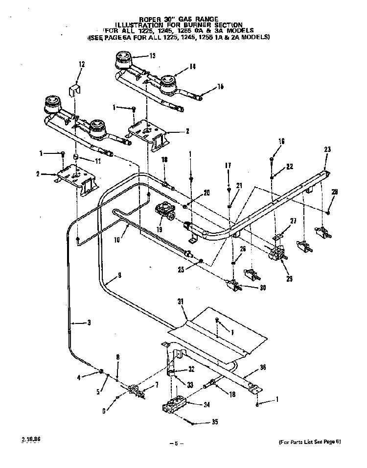 Burner Diagram and Parts List for 1255*0A  Roper Range