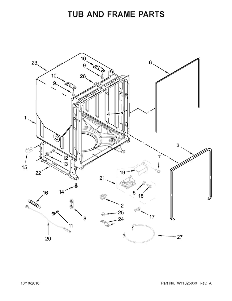 Tub And Frame Parts Diagram and Parts List for WDF760SADB3  Whirlpool Dishwasher