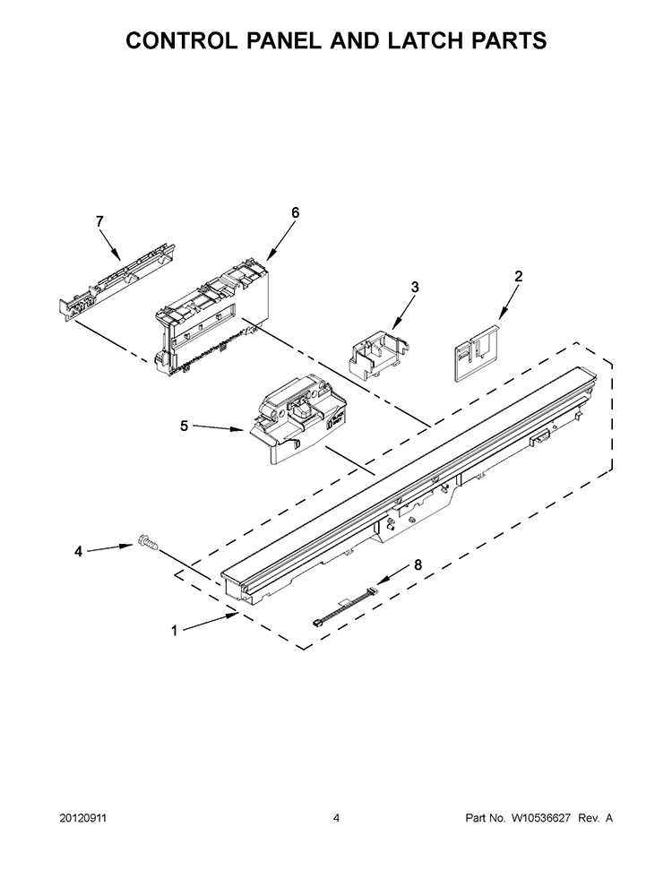 CONTROL PANEL AND LATCH PARTS Diagram and Parts List for KUDC10FBBL0  KitchenAid Dishwasher