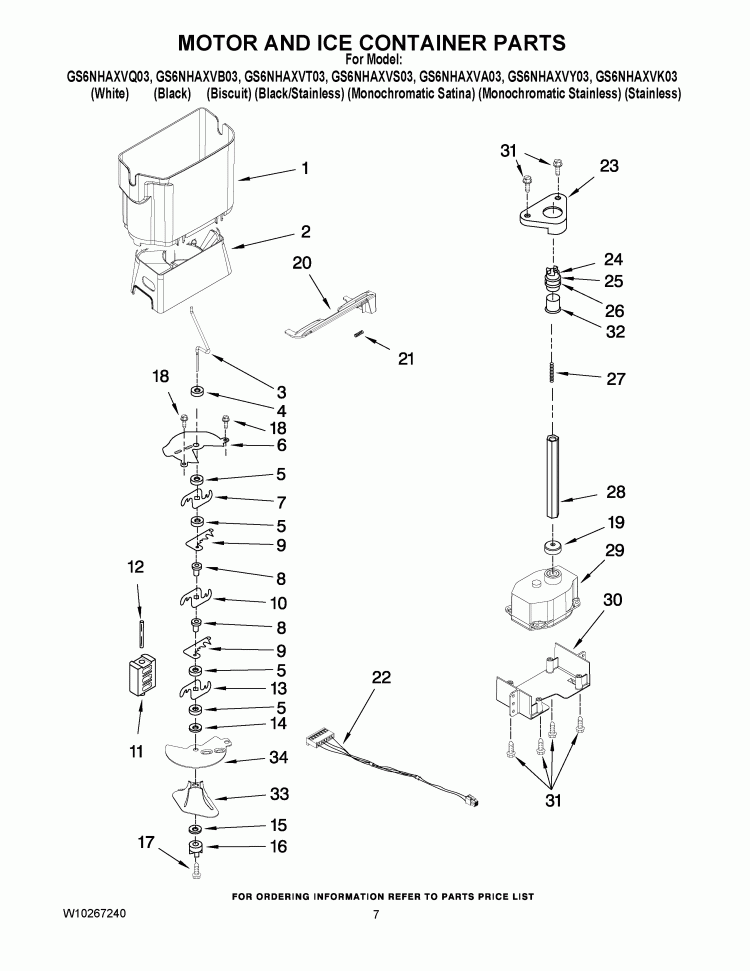 MOTOR AND ICE CONTAINER PARTS Diagram and Parts List for GS6NHAXVB03  Whirlpool Refrigerator