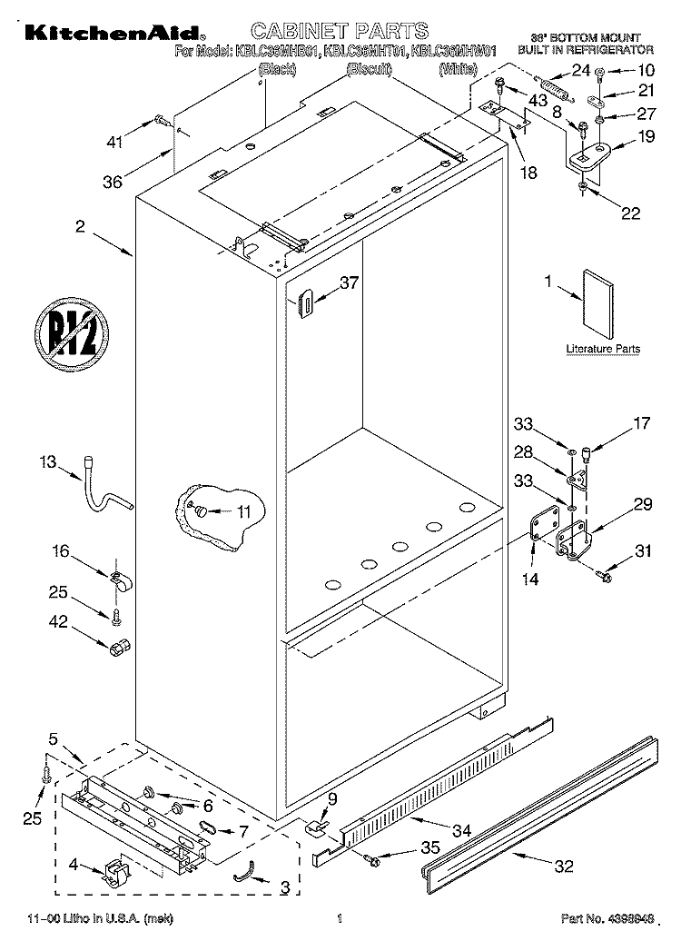 CABINET, LITERATURE Diagram and Parts List for KBLC36MHT01  KitchenAid Refrigerator