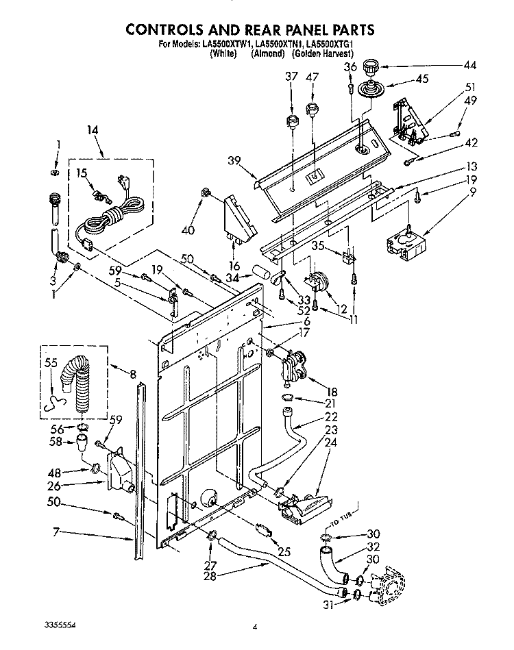 CONTROLS AND REAR PANEL Diagram and Parts List for LA5500XTG1  Whirlpool Washer
