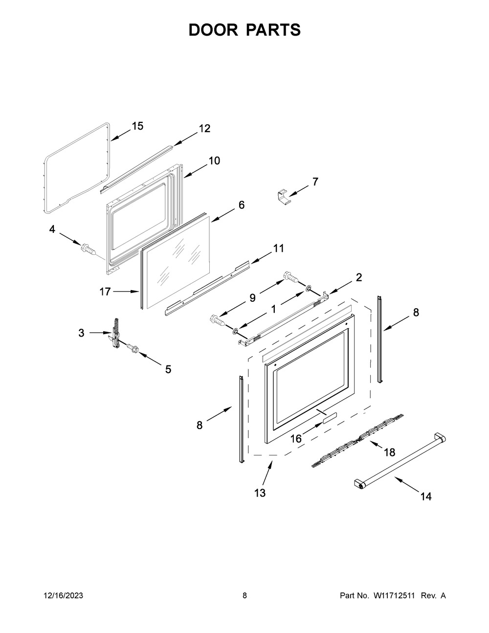 Door Parts Diagram and Parts List for YKFEG500EBS8  KitchenAid Range
