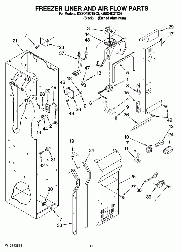 FREEZER LINER AND AIR FLOW PARTS Diagram and Parts List for KSSO48QTB03  KitchenAid Refrigerator