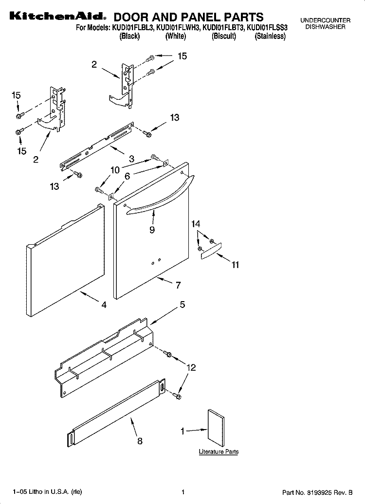 DOOR AND PANEL PARTS Diagram and Parts List for KUDI01FLWH3  KitchenAid Dishwasher