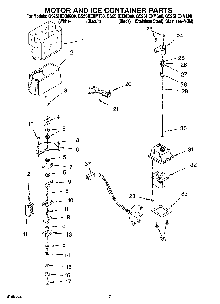 MOTOR AND ICE CONTAINER PARTS Diagram and Parts List for GS2SHEXML00  Whirlpool Refrigerator