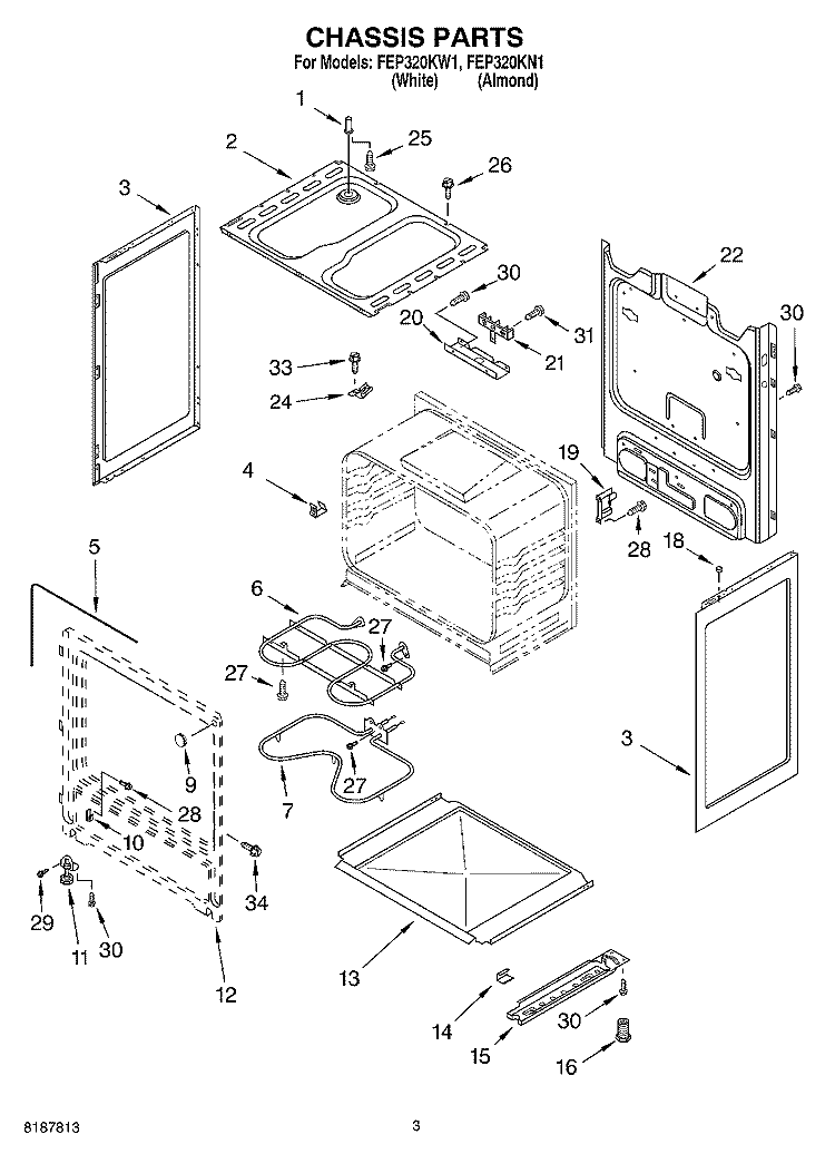 CHASSIS PARTS Diagram and Parts List for FEP320KW1  Roper Range