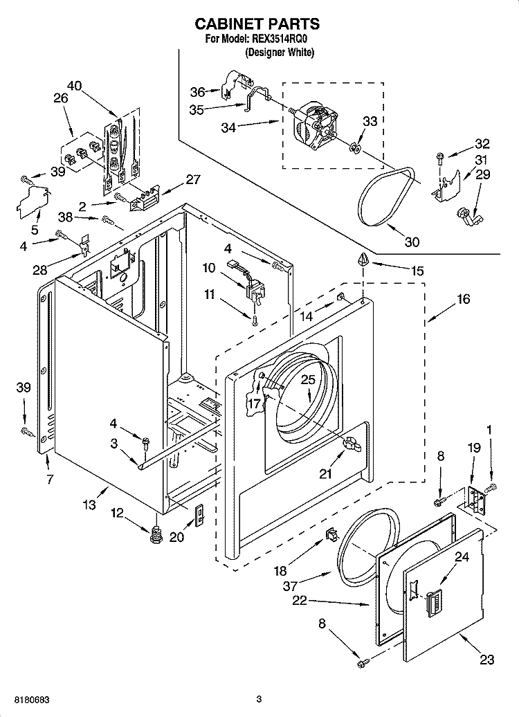 CABINET PARTS Diagram and Parts List for REX3514RQ0  Roper Dryer