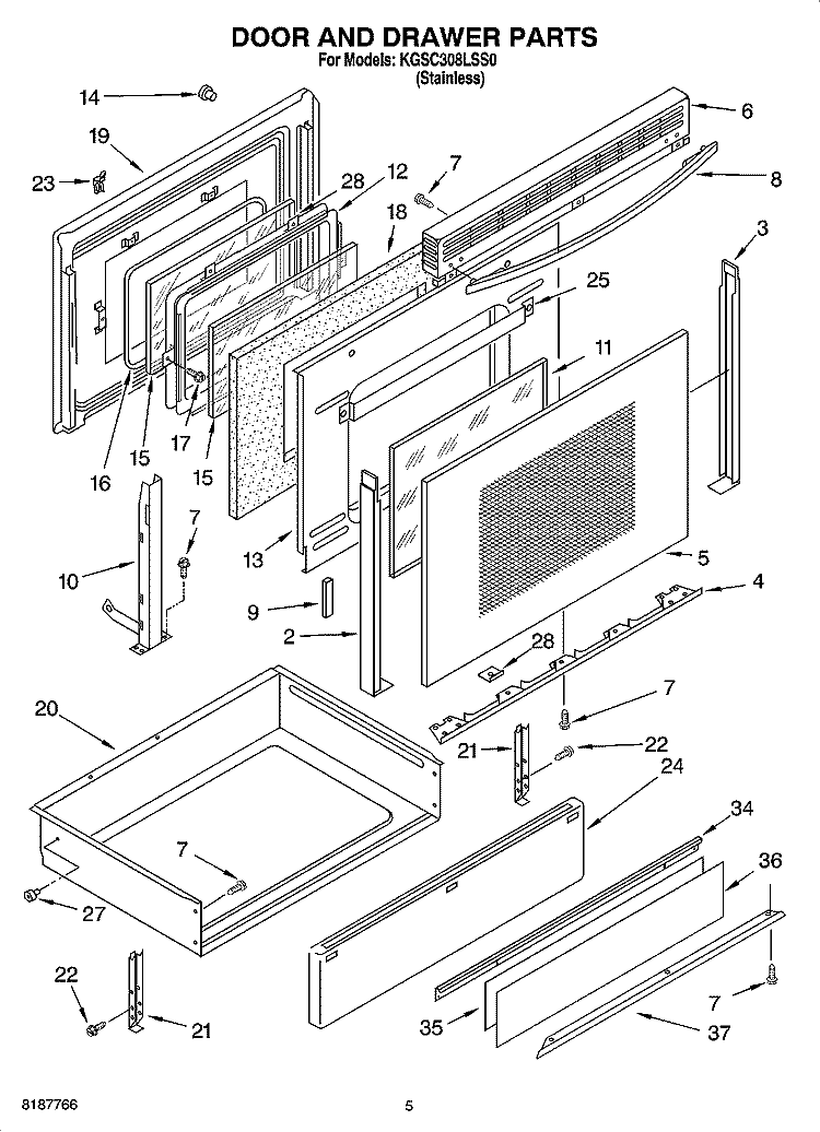 DOOR AND DRAWER PARTS Diagram and Parts List for KGSC308LSS0  KitchenAid Range