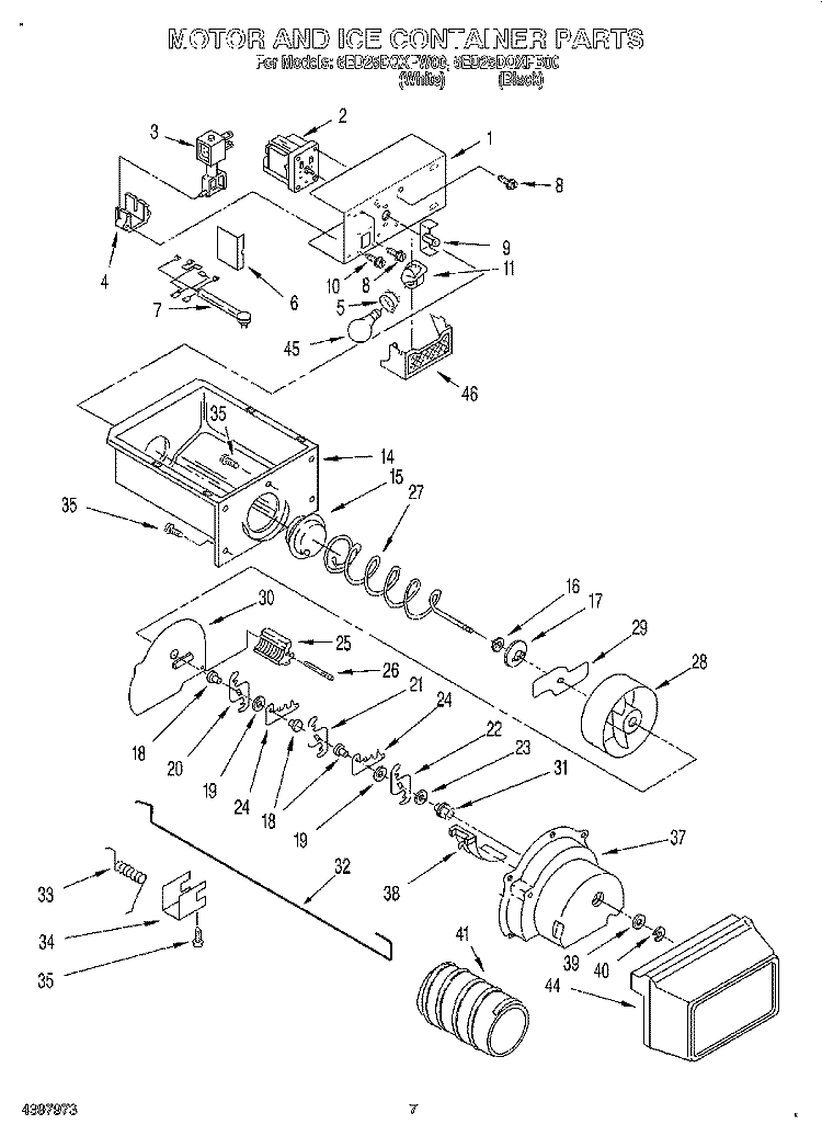 MOTOR AND ICE CONTAINER Diagram and Parts List for 6ED25DQXFB00  Whirlpool Refrigerator