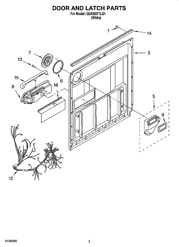 DOOR AND LATCH PARTS Diagram and Parts List for GU630XTLQ1  Whirlpool Dishwasher