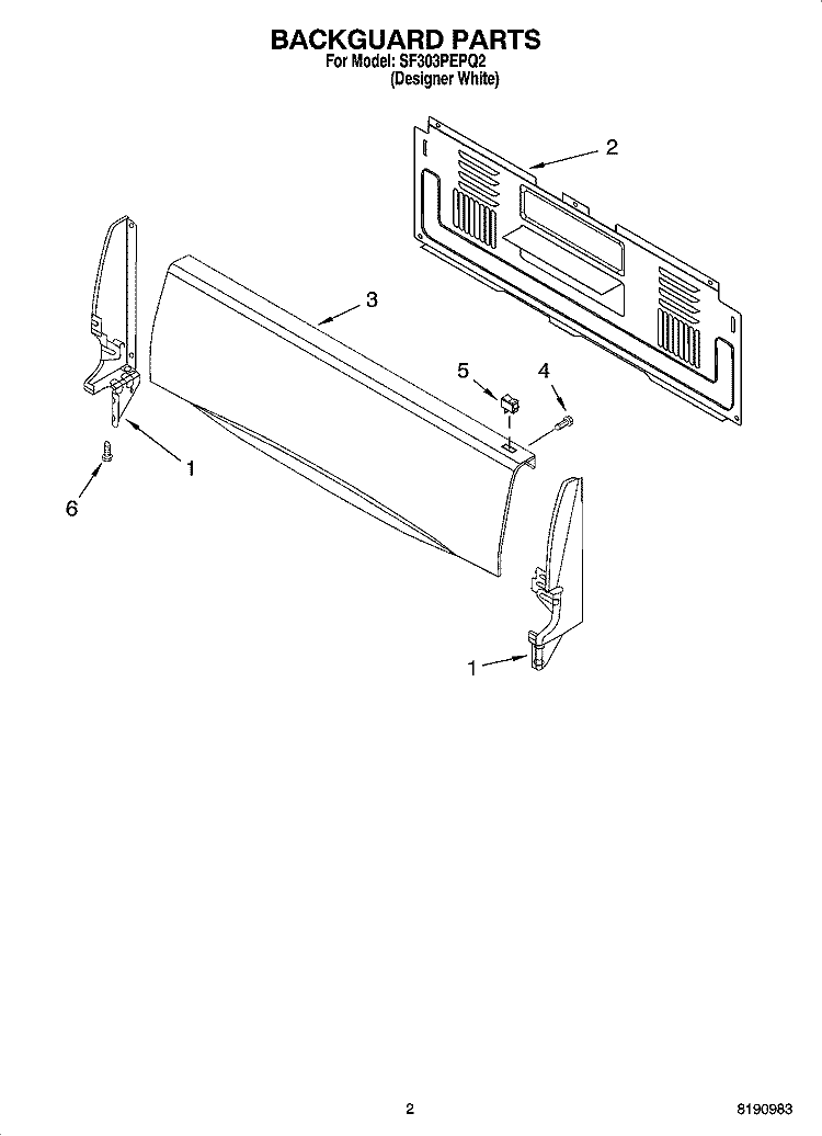 BACKGUARD PARTS Diagram and Parts List for SF303PEPQ2  Whirlpool Range