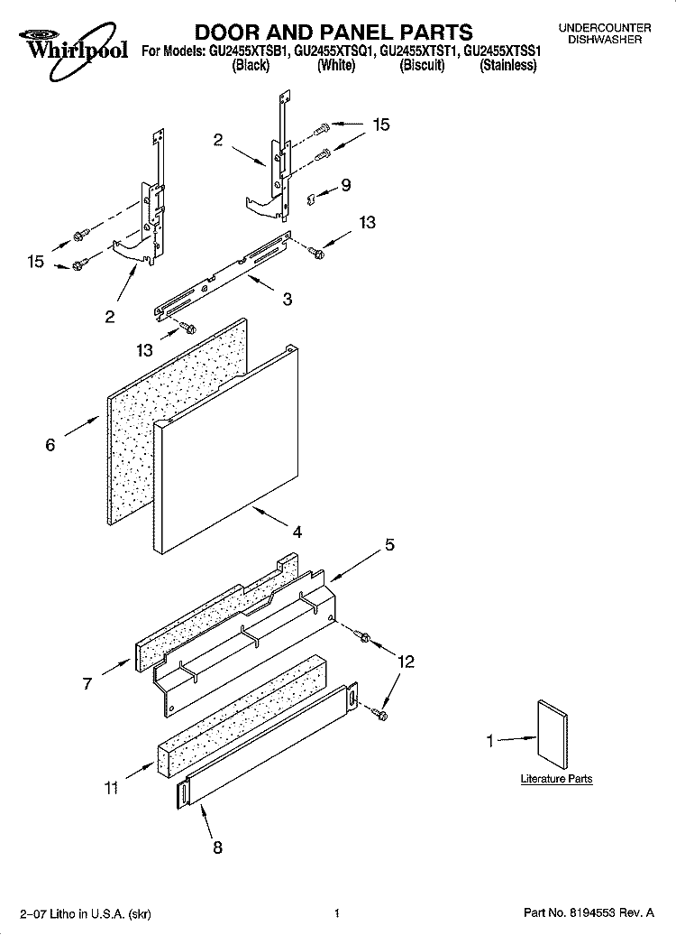 DOOR AND PANEL PARTS Diagram and Parts List for GU2455XTSB1  Whirlpool Dishwasher