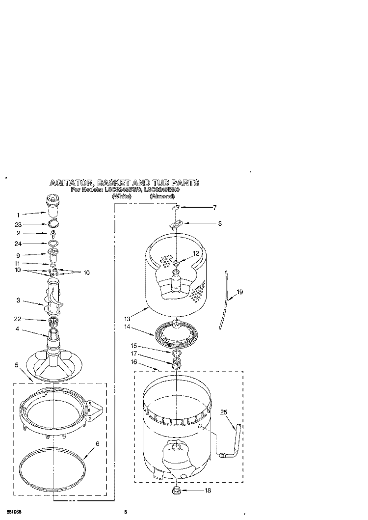 AGITATOR, BASKET AND TUB Diagram and Parts List for LSC8245BN0  Whirlpool Washer